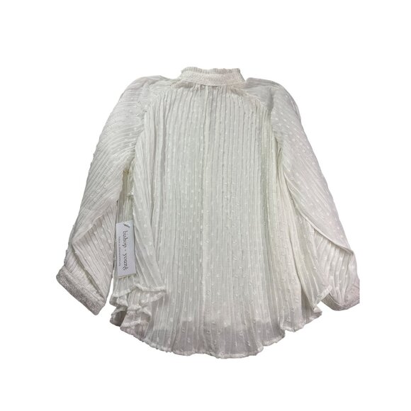 Bishop + Young Modern Romance Pleated Blouse Top M Ivory Sheer Keyhole Lace New - Picture 6 of 11